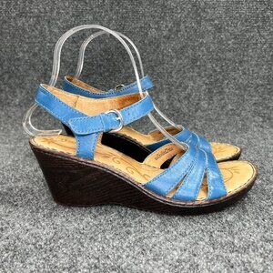 Born Wedge Sandals Women's Size 8 Blue Leather Brown Buckle Ankle Wrap Shoes